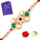 Sukkhi Elegant Gold Plated Floral Rakhi with Roli Chawal and Raksha Bandhan Greeting Card