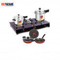 Pigeon 3 Burner Glass Top Gas Stove + 3 and 5 LTR Induction Base Outer lid Aluminum Pressure Cooker + 4Pc NonStick Cookware Set