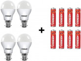 Eveready 9W LED Bulb Pack of 4 with Free 8 Batteries  (White, Pack of 4)