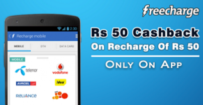 Recharge With Rs.50 & Get Rs.50 Cashback For ALL Customers + Rs.100 Cashback On Rs.100 For New